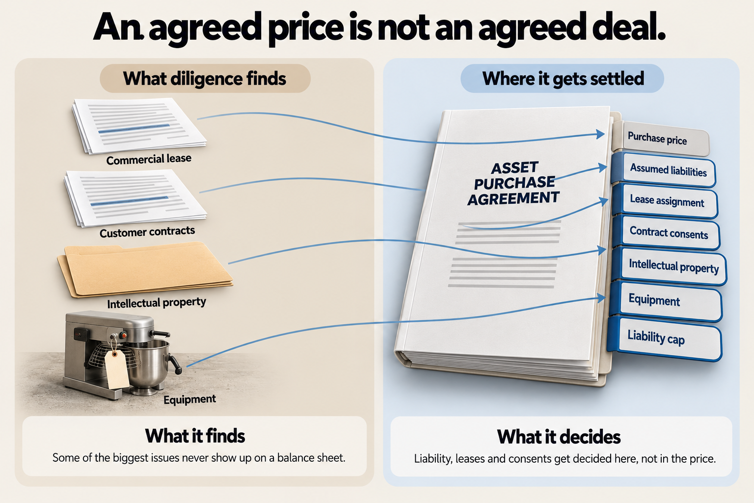 An explainer card headed An agreed price is not an agreed deal. A commercial lease, customer contracts, an intellectual property folder and shop equipment each point to a tab in a thick Asset Purchase Agreement, where Purchase price is one tab among Assumed liabilities, Lease assignment, Contract consents, Intellectual property, Equipment and Liability cap.