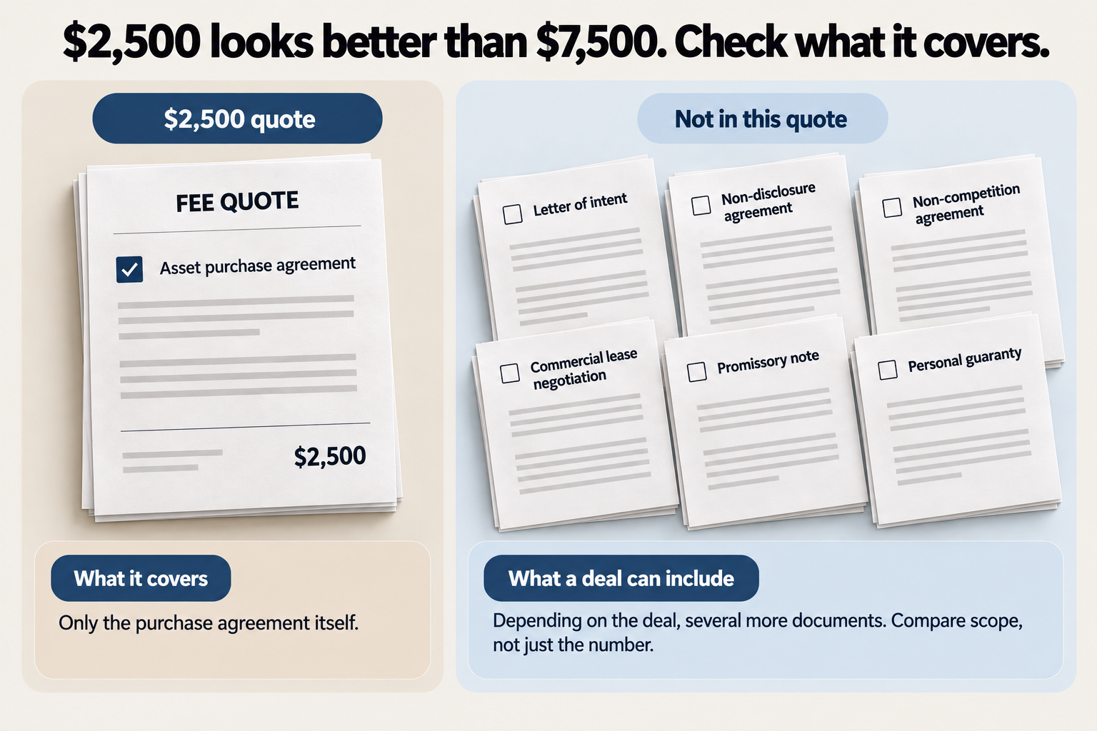 An explainer card headed $2,500 looks better than $7,500. Check what it covers. A fee quote for $2,500 ticks only Asset purchase agreement, while a stack marked Not in this quote holds Letter of intent, Non-disclosure agreement, Non-competition agreement, Commercial lease negotiation, Promissory note and Personal guaranty. Notes read: Only the purchase agreement itself, and Depending on the deal, several more documents. Compare scope, not just the number.