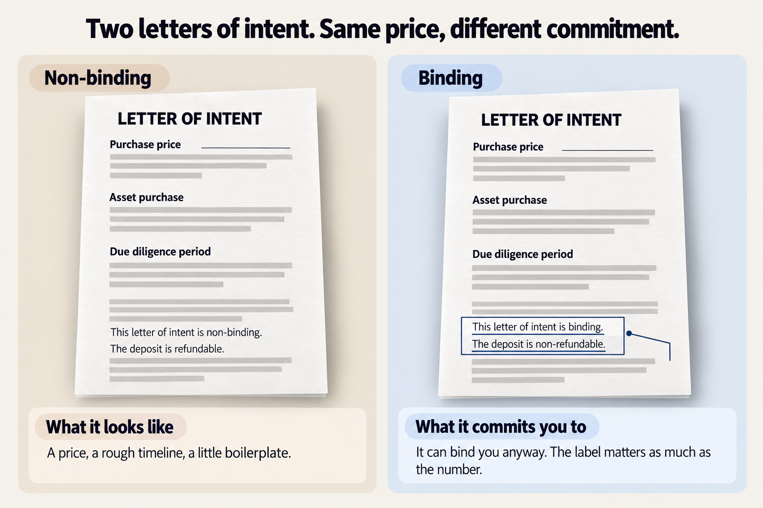 An explainer card headed Two letters of intent. Same price, different commitment. Two identical Letter of Intent pages share the headings Purchase price, Asset purchase and Due diligence period; near the bottom the left one says This letter of intent is non-binding and The deposit is refundable, while the right one says This letter of intent is binding and The deposit is non-refundable. Notes read: A price, a rough timeline, a little boilerplate, and It can bind you anyway. The label matters as much as the number.